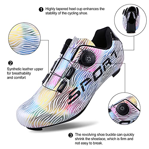 Zapatillas de Ciclismo Masculino Luminiscente Zapatillas de Bicicleta de Carretera de Parejas Moda Antideslizantes Transpirables de Carretera con Hebilla de Giro Rápido y Caja de Zapatos Blanco 43