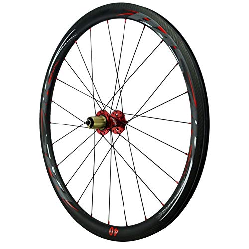 Zatnec Ruedas de ciclismo de fibra de carbono, juego de ruedas de bicicleta de carretera 700C, 24 agujeros, 4 frenos, 7/8/9/10/11 velocidades, volante (color: cubo rojo, tamaño: 40 mm)