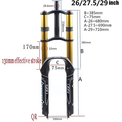 ZHTY Horquilla de suspensión de Bicicleta neumática 26/27.5/29"MTB Doble Hombro Descenso Rappel Amortiguador Recorrido 130 mm Freno de Disco de amortiguación QR DH/Am/FR Horquilla de suspensión