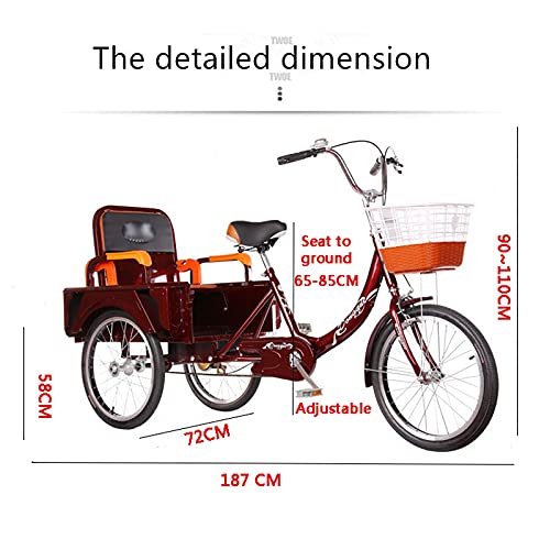 ZJZ Triciclo para Adultos de 20 Pulgadas Bicicleta para Adultos Bicicleta de Dos plazas de una Sola Velocidad para Personas Mayores, Mujeres, Hombres
