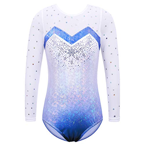 ZNYUNE Niña Maillots de Gimnasia Mangas Largas con Lentejuelas en Tul 268 Azul 6A