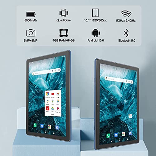 ZONMAI MX2 Tablet 10.1 Pulgadas Android 10.0 | Tableta 5G WiFi Ultrar-Rápido Quad-Core 1.6GHz 4GB RAM + 64GB ROM | 8000mAh Bluetooth 5.0 Type-C Google GMS Teclado y Ratón - Azul