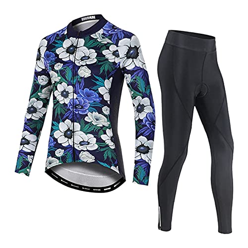 ZQD Women Winter Floral Cycling Jersey Set Road Bike Ropa MTB Camisas, Manga Larga + Pantalones, Camisa de Bicicleta de 5D Gel de cojín (Color : C, Tamaño : XS)