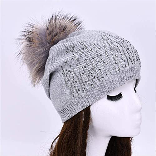 ZRJ Slouchy Beanie Sombrero de Invierno Boina Caliente Beanie Invierno Mujer Gorro Gorro de Punto con Mapache Pom Pom Mujeres Hombre Boina (Color : Light Grey-M, tamaño : 6 7/8-7 1/8)