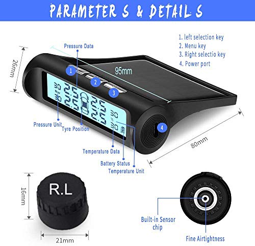 0BEST Sistema Monitoreo de PresióN de Los NeumáTicos con EnergíA Solar, Monitor InaláMbrico TPMS, con 4 Sensores Externos, Pantalla Ajustable Angulo, Sistema Solar