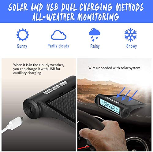 0BEST Sistema Monitoreo de PresióN de Los NeumáTicos con EnergíA Solar, Monitor InaláMbrico TPMS, con 4 Sensores Externos, Pantalla Ajustable Angulo, Sistema Solar