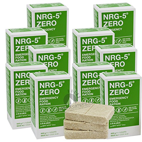 10 x NRG-5 Zero sin gluten, 500 g de emergencia, 10 x 9 barritas de supervivencia, equipo básico como EPA