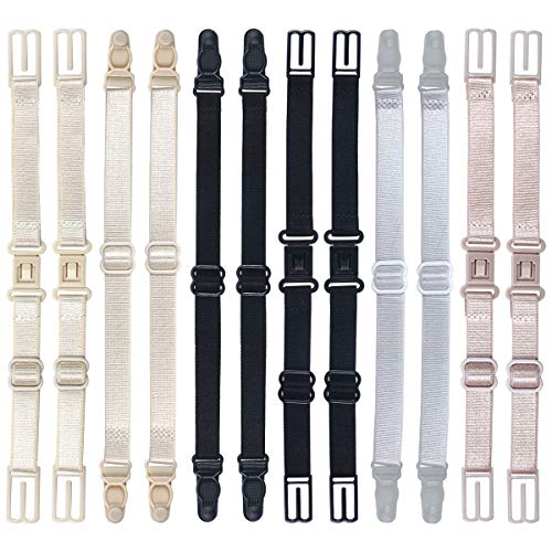 12 Piezas Antideslizante Correa de Sujetador Soporte, Ajustable Elástico Tirantes Clips para Sujetador, Sujetador Correa Clips para Mujer Dama Chica (Rosa, Beige, Blanco, Negro)