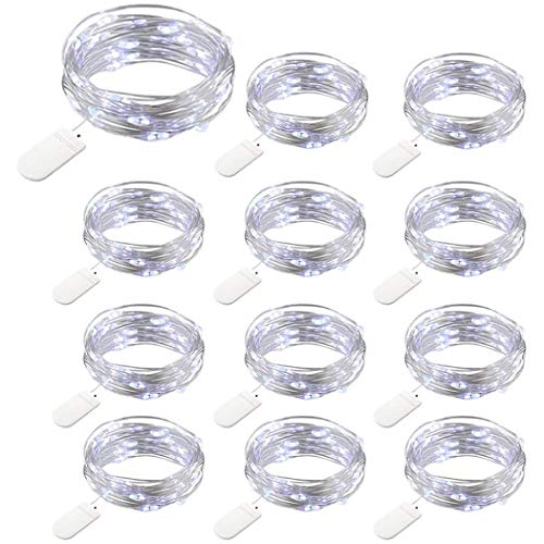 12 Piezas Cadena de Luces con Pilas, 20 LEDs 2M Alambre de Cobre Guirnaldas Luces, IP65 Impermeable Luces Decorativas para Navidad Fiesta Hogar Bodas, Blanco Frío