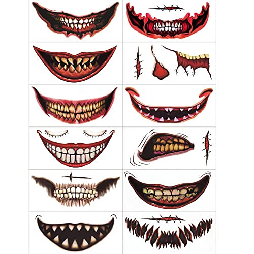 12 piezas de pegatinas de tatuajes temporales de Halloween, boca grande, horror, Joker, labios, labios, pegatinas, pegatinas temporales para Halloween, cosplay, disfraces, accesorios de fiesta