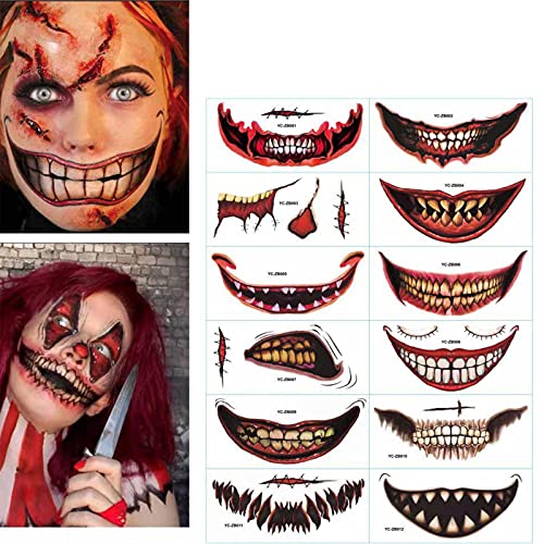 12 piezas de pegatinas de tatuajes temporales de Halloween, boca grande, horror, Joker, labios, labios, pegatinas, pegatinas temporales para Halloween, cosplay, disfraces, accesorios de fiesta