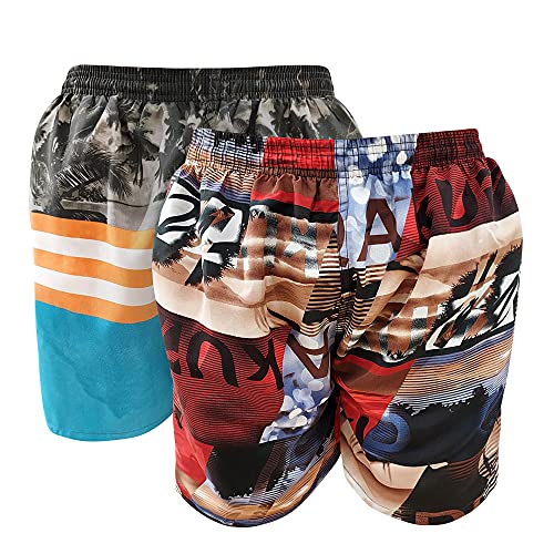 1s1k Bañador Hombre con Bolsillos, Secado rápido, Pack 2 Unidades, Shorts Baño, Shorts Playa, Traje de Baño para Natación(Rojo/Raya Naranja y Blanca, XXL)