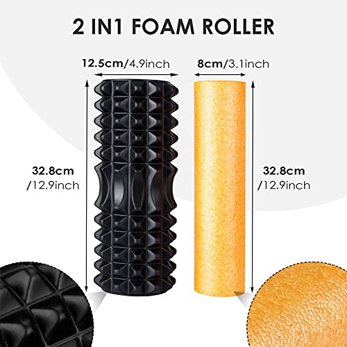 2-en-1 Rodillo de Espuma para Masaje de Tejido Profundo, Rodillo Masaje Muscular para Liberación Miofascial y Alivio de Dolores Musculares, Foam Roller para Masajes Musculares, Fitness, Yoga, Pilates