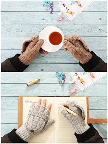 2 Pares de Guantes sin Dedos de Mujeres Manoplas Convertibles de Invierno Guantes de Punto de Mitad de Dedos co Tapa (Gris y Caqui)