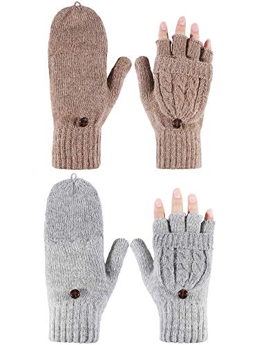 2 Pares de Guantes sin Dedos de Mujeres Manoplas Convertibles de Invierno Guantes de Punto de Mitad de Dedos co Tapa (Gris y Caqui)