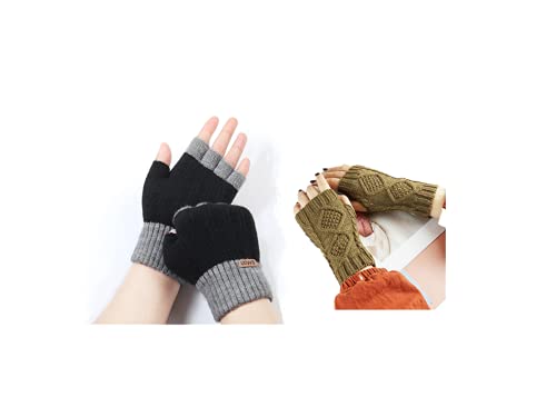 2 Pares Medio Dedos Mitones ,Invierno Guantes de Punto de Mitad,Calentadores sin Dedos,Guantes de Invierno sin Dedos ,Adecuado para el Trabajo Diario de Hombres y Mujeres Adultos.