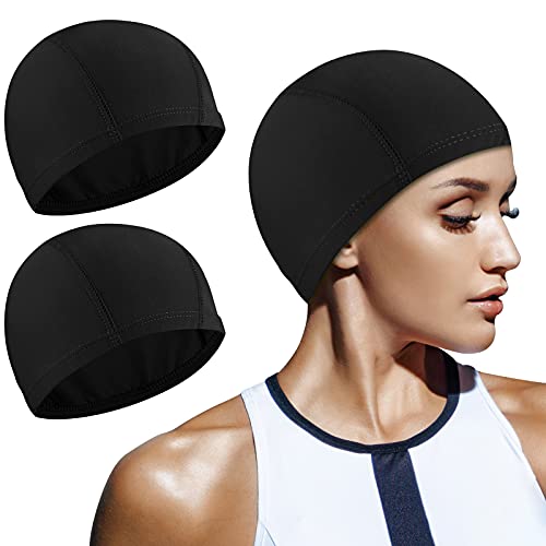 2 Piezas Gorros de Natación de Nailon Elástico Sombreros de Natación Gorro de Piscina Antideslizante Gorros de Baño para Mujeres Hombres, Cabello Corto y Largo (Negro)