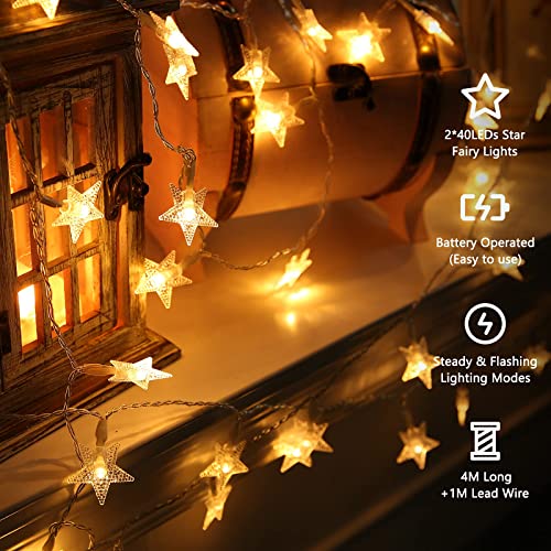 [2 Piezas] Guirnalda de Luces de Navidad, BrizLabs 4M 40 LED Estrellas Luces Interior Luces de Cadena de Alambre a Pilas ​para Decoración Habitacion Bodas Fiesta Exterior Jardín, Blanco Cálido
