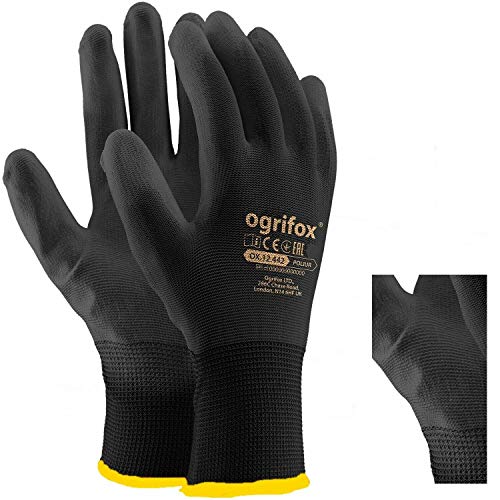 24 pares de guantes de trabajo de nailon negro revestidos de poliuretano para jardinería, construcción y mecánica, con adhesivo redondo AJS LTD®, 10, Negro , 1