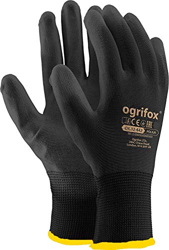 24 pares de guantes de trabajo de nailon negro revestidos de poliuretano para jardinería, construcción y mecánica, con adhesivo redondo AJS LTD®, 10, Negro , 1