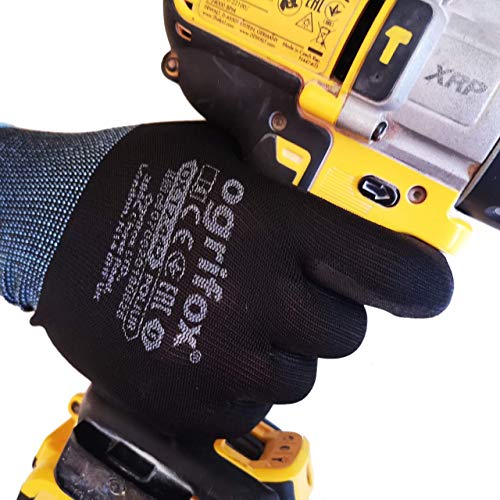 24 pares de guantes de trabajo de nailon negro revestidos de poliuretano para jardinería, construcción y mecánica, con adhesivo redondo AJS LTD®, 10, Negro , 1