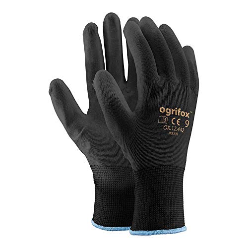 24 pares de guantes de trabajo de nailon negro revestidos de poliuretano Para jardinería, construcción y mecánica, con adhesivo redondo AJS LTD® (L-9).