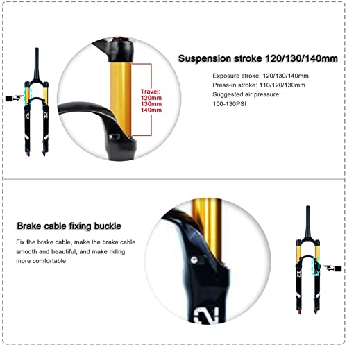 26 27,5 29 Pulgadas Horquilla Delantera para Bicicleta MTB,1-1/2" El Itinerario Es Opcional Aleación Aluminio Horquilla Delantera Resorte Amortiguador (Color : 130mm Travel, Size : 27.5inch)