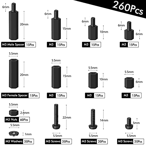 260 Unids Nylon M3 Macho-Hembra Columna Hexagonal Separador Espaciador Tornillo Tuerca Kit con Caja de Almacenamiento