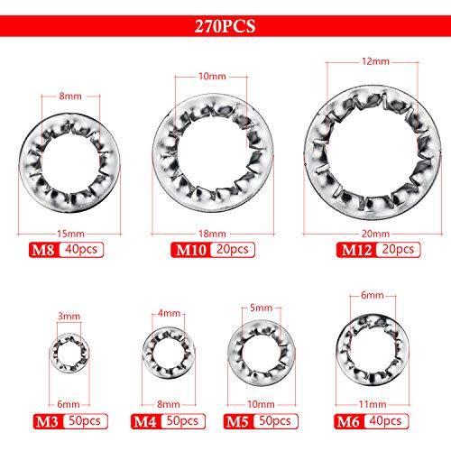270 Piezas Arandelas de bloqueo de dientes internos acero inoxidable Arandelas de seguridad de M3 M4 M5 M6 M8 M10 M12 Kit