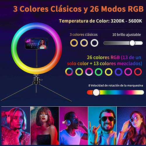 2NLF Aro de Luz para Movil 10" RGB Anillo de luz LED con Trípode Soporte 53" Altura Regulable 26 Colores 10 Brillos Regulables Control Remoto Inalámbrico para Selfie Maquillaje Youtube TIK Tok Live