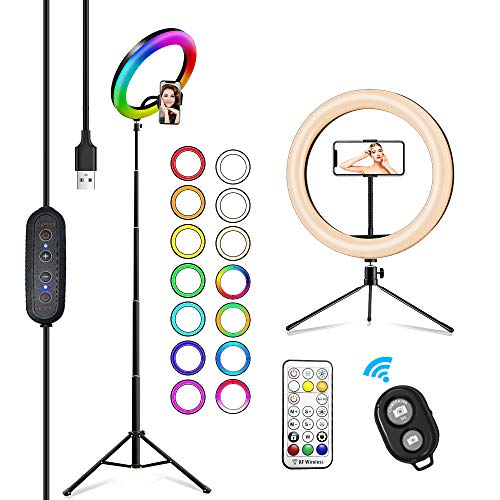 2NLF Aro de Luz para Movil 10" RGB Anillo de luz LED con Trípode Soporte 53" Altura Regulable 26 Colores 10 Brillos Regulables Control Remoto Inalámbrico para Selfie Maquillaje Youtube TIK Tok Live