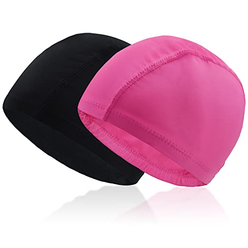 2Pcs Gorro Piscina Mujer Niños Tela Gorro de Natación para Pelo Largo y Corto de Poliéster Suave Gorros Piscina Tela para Niños Mujeres (Negro + Fucsia)