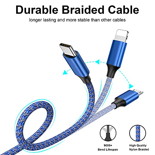 3 en 1 Multi Cable de Carga, [1.2M] Multi USB Cargador Cable Nylon Múltiples Micro USB Tipo C para Android Samsung Galaxy S9/ S8/ S7/ A5, Huawei P20, Honor, Kindle, LG, Son-Blue