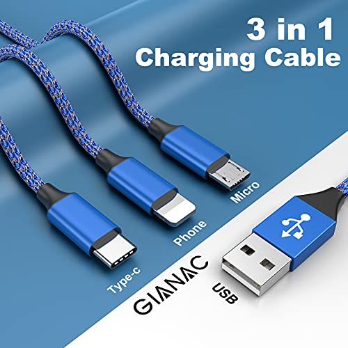 3 en 1 Multi Cable de Carga, [1.2M] Multi USB Cargador Cable Nylon Múltiples Micro USB Tipo C para Android Samsung Galaxy S9/ S8/ S7/ A5, Huawei P20, Honor, Kindle, LG, Son-Blue