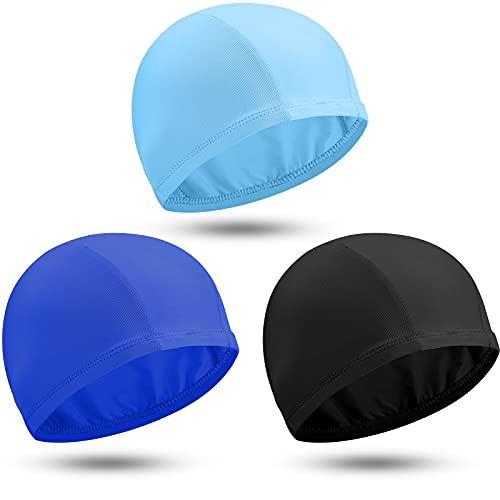 3 Gorros de Natación de Color Sólido Sombrero de Natación de Tela de Nailon Gorro de Baño Unisex Gorro Antideslizante para Piscina para Cabello Largo y Corto (Negro, Azul, Azul Cielo)
