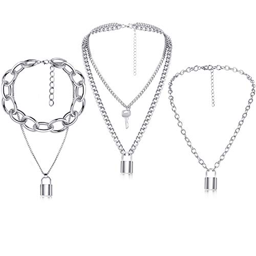 3 Piezas Collares de Colgantes con Llave Bloqueo Cadena Largas de Punk Cadena de Multicapa para Mujeres Niñas (Plata)