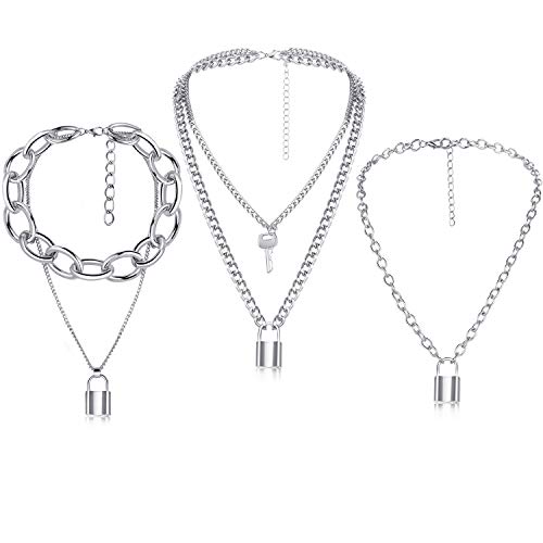 3 Piezas Collares de Colgantes con Llave Bloqueo Cadena Largas de Punk Cadena de Multicapa para Mujeres Niñas (Plata)