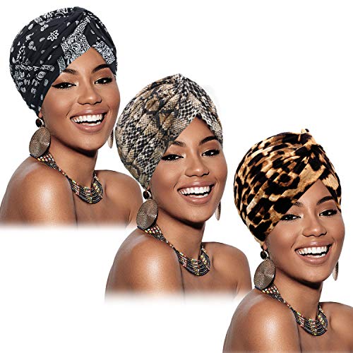 3 Piezas Gorro Turbante para Mujeres Pañuelo de Cabeza Plisado Gorra de Perdida de Cabello Suave con Patrón