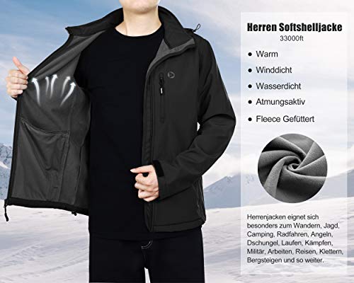 33,000ft Chaqueta de softshell para hombre, resistente al agua, cortavientos, forro polar cálido, chaqueta funcional para exteriores, para senderismo, ciclismo, camping, Negro , XL