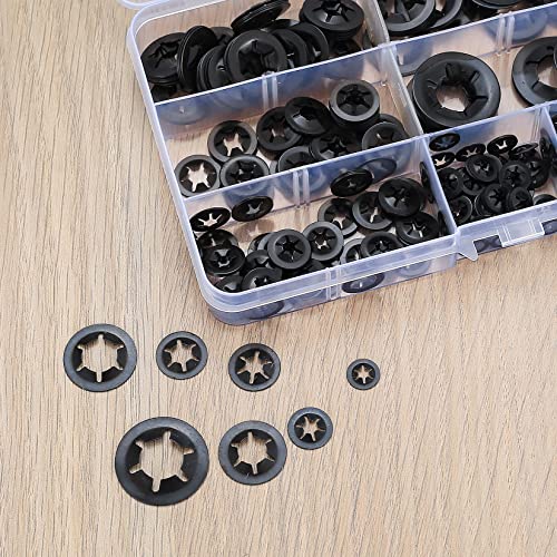 340 Piezas Arandelas Starlock, Arandelas de Bloqueo de Presión de Clips, Arandelas de Sujetadores Interna de Dientes de Acero Manganeso - Negro, M3/M4/M5/M6/M8/M10/M12