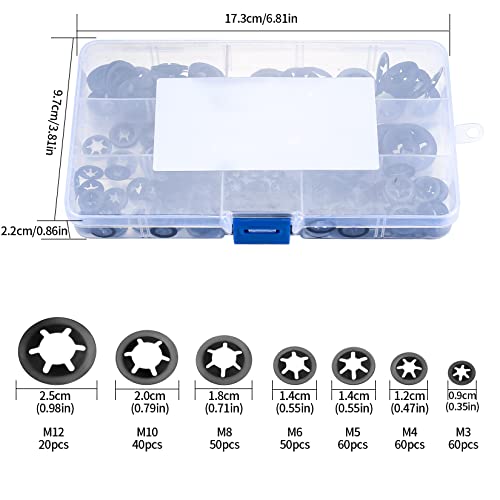 340 Piezas Arandelas Starlock, Arandelas de Bloqueo de Presión de Clips, Arandelas de Sujetadores Interna de Dientes de Acero Manganeso - Negro, M3/M4/M5/M6/M8/M10/M12