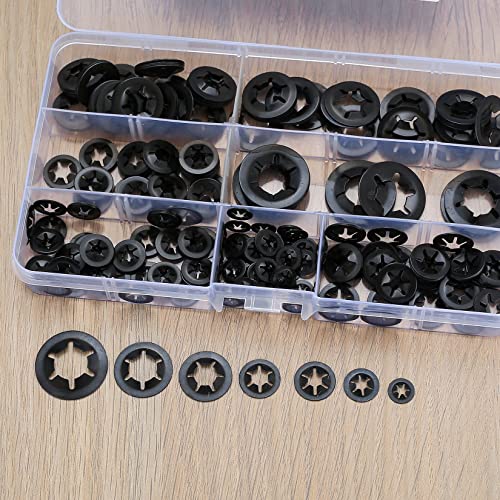 340 Piezas Arandelas Starlock, Arandelas de Bloqueo de Presión de Clips, Arandelas de Sujetadores Interna de Dientes de Acero Manganeso - Negro, M3/M4/M5/M6/M8/M10/M12