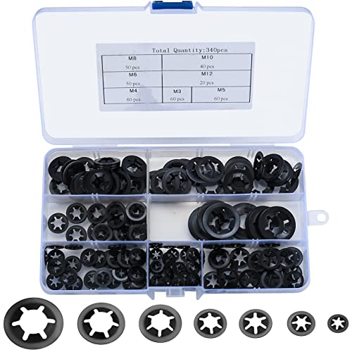 340 Piezas Arandelas Starlock, Arandelas de Bloqueo de Presión de Clips, Arandelas de Sujetadores Interna de Dientes de Acero Manganeso - Negro, M3/M4/M5/M6/M8/M10/M12