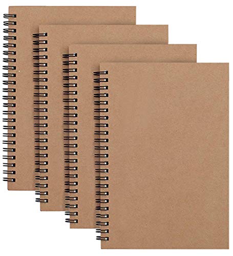 4 paquetes de cuadernos en espiral A5 con cubierta Kraft para cuadernos a granel, libro de bocetos de papel en blanco de 100 páginas/50 hojas de bloc de notas, planificador de notas