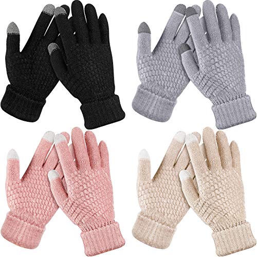 4 Pares Guantes de Invierno de Pantalla Táctil Mujer (Negro, Gris, Rosa, Beige)