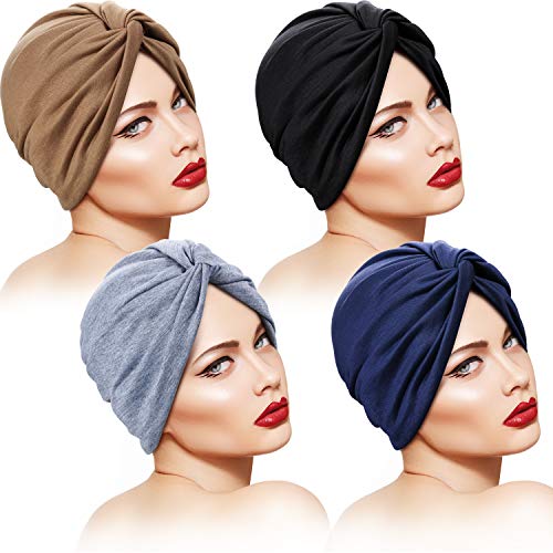 4 Piezas Gorro Turbante para Mujeres Gorro de Nudo Pre Atado Suave Pañuelo de Cabeza Plisada de Moda Gorra de Dormir, 4 Colores (Negro, Caqui, Azul Marino, Gris)