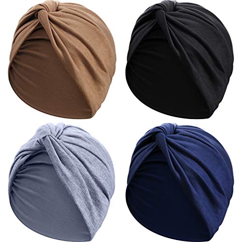 4 Piezas Gorro Turbante para Mujeres Gorro de Nudo Pre Atado Suave Pañuelo de Cabeza Plisada de Moda Gorra de Dormir, 4 Colores (Negro, Caqui, Azul Marino, Gris)