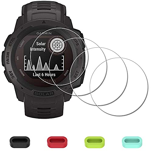 [4 unidades) Protector de pantalla para Garmin Instinct Solar Tactical/Instinct Tactical/Instinct Watch + Tapones de Silicona Antipolvo, iDaPro Vidrio Templado Anti-Arañazos Sin Burbujas