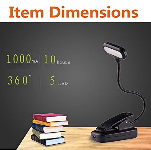 5 LED Luz de Lectura, 360° Flexible y Portátil Lámpara de Lectura con Clip USB Recargable para Lector Electrónico, Niños, Lectura en la Cama