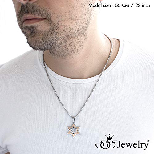 555Jewelry - Collar de 2 tonos de acero inoxidable con estrella de David para hombre, cadena de 40,6 a 61 cm